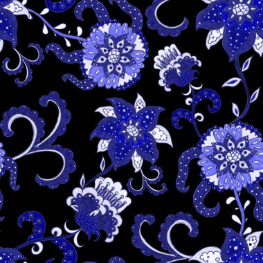 Suluboya desensiz, folky çiçekli ve yapraklı, etnik tarzda. Çiçek süsleme. Geleneksel şal deseni. Tekstil tasarım dokusu. Kabilesel etnik klasik dikişsiz model..