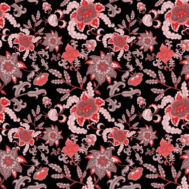 Suluboya desensiz, folky çiçekli ve yapraklı, etnik tarzda. Çiçek süsleme. Geleneksel şal deseni. Tekstil tasarım dokusu. Kabilesel etnik klasik dikişsiz model..