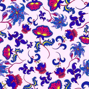 Suluboya desensiz, folky çiçekli ve yapraklı, etnik tarzda. Çiçek süsleme. Geleneksel şal deseni. Tekstil tasarım dokusu. Kabilesel etnik klasik dikişsiz model..