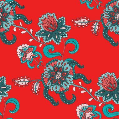 Suluboya desensiz, folky çiçekli ve yapraklı, etnik tarzda. Çiçek süsleme. Geleneksel şal deseni. Tekstil tasarım dokusu. Kabilesel etnik klasik dikişsiz model..