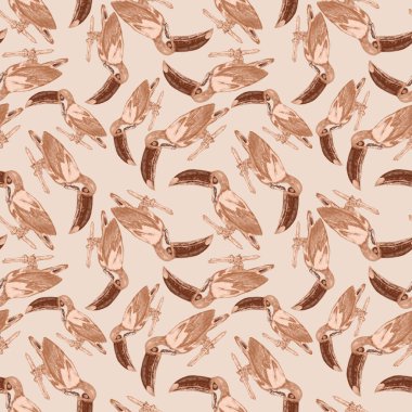 Tukanla dikişsiz suluboya desen. Tropik kuşlu ve yapraklı egzotik botanik orman duvar kağıdı. Parlak yaz şablonu geçmişi.