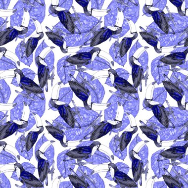 Tukanla dikişsiz suluboya desen. Tropik kuşlu ve yapraklı egzotik botanik orman duvar kağıdı. Parlak yaz şablonu geçmişi.