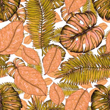 Tropikal yapraklarla suluboya kusursuz desen. Elle çizilmiş egzotik bitkilerle çok güzel bir iz. Mayo botanik tasarımı.