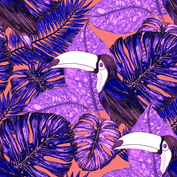 タワーカラーシームレスパターン 熱帯の鳥や葉を持つエキゾチックな植物ジャングルの壁紙 明るい夏のパターンの背景 — ストック写真