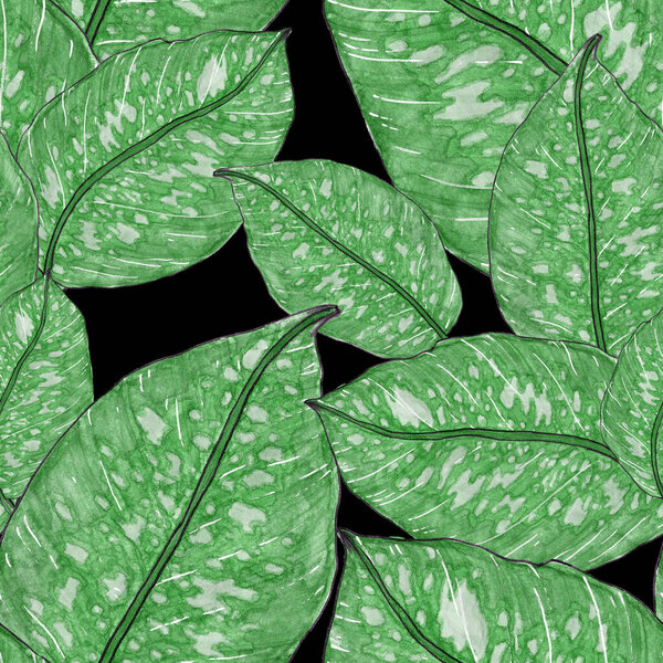 Watercolor seamless pattern with tropical leaves. Beautiful allover print with hand drawn exotic plants. Swimwear botanical design.