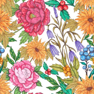 Çiçek buketli suluboya desenli. Klasik botanik çizimi. Her türlü tasarım için zarif bir dekorasyon. Renkli ve soyut çiçekli moda baskısı. Suluboya dokusu.