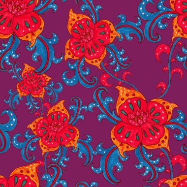 Suluboya desensiz, folky çiçekli ve yapraklı, etnik tarzda. Çiçek süsleme. Geleneksel şal deseni. Tekstil tasarım dokusu. Kabilesel etnik klasik dikişsiz model..