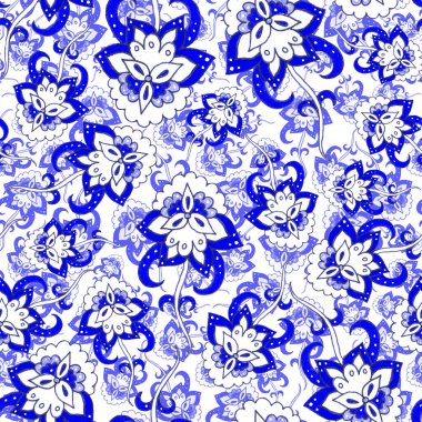 Suluboya desensiz, folky çiçekli ve yapraklı, etnik tarzda. Çiçek süsleme. Geleneksel şal deseni. Tekstil tasarım dokusu. Kabilesel etnik klasik dikişsiz model..