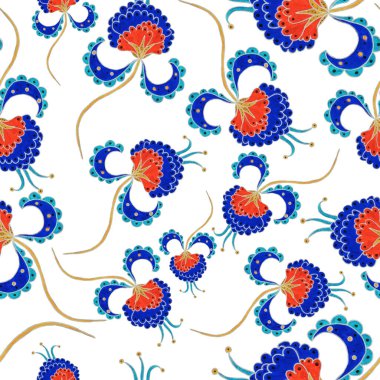 Suluboya desensiz, folky çiçekli ve yapraklı, etnik tarzda. Çiçek süsleme. Geleneksel şal deseni. Tekstil tasarım dokusu. Kabilesel etnik klasik dikişsiz model..