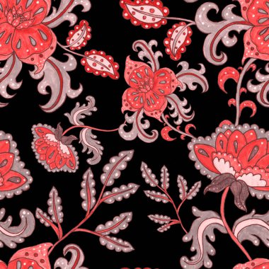 Suluboya desensiz, folky çiçekli ve yapraklı, etnik tarzda. Çiçek süsleme. Geleneksel şal deseni. Tekstil tasarım dokusu. Kabilesel etnik klasik dikişsiz model..