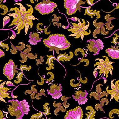 Suluboya desensiz, folky çiçekli ve yapraklı, etnik tarzda. Çiçek süsleme. Geleneksel şal deseni. Tekstil tasarım dokusu. Kabilesel etnik klasik dikişsiz model..