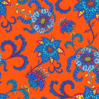 Suluboya desensiz, folky çiçekli ve yapraklı, etnik tarzda. Çiçek süsleme. Geleneksel şal deseni. Tekstil tasarım dokusu. Kabilesel etnik klasik dikişsiz model..