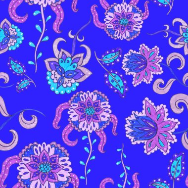 Suluboya desensiz, folky çiçekli ve yapraklı, etnik tarzda. Çiçek süsleme. Geleneksel şal deseni. Tekstil tasarım dokusu. Kabilesel etnik klasik dikişsiz model..