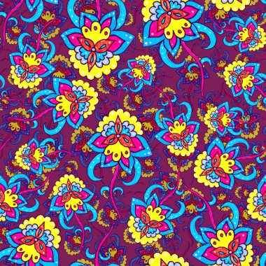 Suluboya desensiz, folky çiçekli ve yapraklı, etnik tarzda. Çiçek süsleme. Geleneksel şal deseni. Tekstil tasarım dokusu. Kabilesel etnik klasik dikişsiz model..