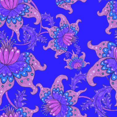 Suluboya desensiz, folky çiçekli ve yapraklı, etnik tarzda. Çiçek süsleme. Geleneksel şal deseni. Tekstil tasarım dokusu. Kabilesel etnik klasik dikişsiz model..