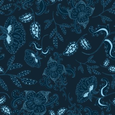 Suluboya desensiz, folky çiçekli ve yapraklı, etnik tarzda. Çiçek süsleme. Geleneksel şal deseni. Tekstil tasarım dokusu. Kabilesel etnik klasik dikişsiz model..