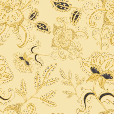 Suluboya desensiz, folky çiçekli ve yapraklı, etnik tarzda. Çiçek süsleme. Geleneksel şal deseni. Tekstil tasarım dokusu. Kabilesel etnik klasik dikişsiz model..