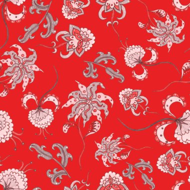 Suluboya desensiz, folky çiçekli ve yapraklı, etnik tarzda. Çiçek süsleme. Geleneksel şal deseni. Tekstil tasarım dokusu. Kabilesel etnik klasik dikişsiz model..