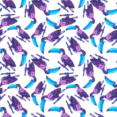 Tukanla dikişsiz suluboya desen. Tropik kuşlu ve yapraklı egzotik botanik orman duvar kağıdı. Parlak yaz şablonu geçmişi.