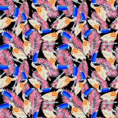 Tukanla dikişsiz suluboya desen. Tropik kuşlu ve yapraklı egzotik botanik orman duvar kağıdı. Parlak yaz şablonu geçmişi.