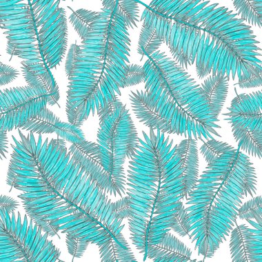Tropikal yapraklarla suluboya kusursuz desen. Elle çizilmiş egzotik bitkilerle çok güzel bir iz. Mayo botanik tasarımı.
