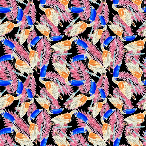 Watercolor Seamless Pattern Toucan Exotic Botanical Jungle Wallpaper Tropical Bird — Stock Photo, Image