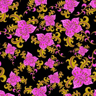 Suluboya desensiz, folky çiçekli ve yapraklı, etnik tarzda. Çiçek süsleme. Geleneksel şal deseni. Tekstil tasarım dokusu. Kabilesel etnik klasik dikişsiz model..