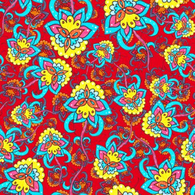 Suluboya desensiz, folky çiçekli ve yapraklı, etnik tarzda. Çiçek süsleme. Geleneksel şal deseni. Tekstil tasarım dokusu. Kabilesel etnik klasik dikişsiz model..