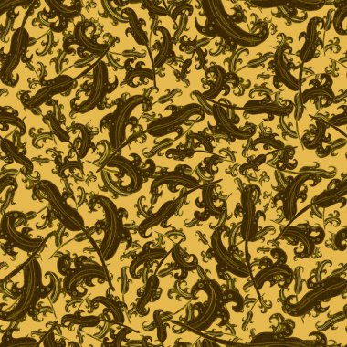 Suluboya desensiz, folky çiçekli ve yapraklı, etnik tarzda. Çiçek süsleme. Geleneksel şal deseni. Tekstil tasarım dokusu. Kabilesel etnik klasik dikişsiz model..