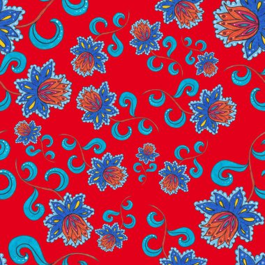 Suluboya desensiz, folky çiçekli ve yapraklı, etnik tarzda. Çiçek süsleme. Geleneksel şal deseni. Tekstil tasarım dokusu. Kabilesel etnik klasik dikişsiz model..