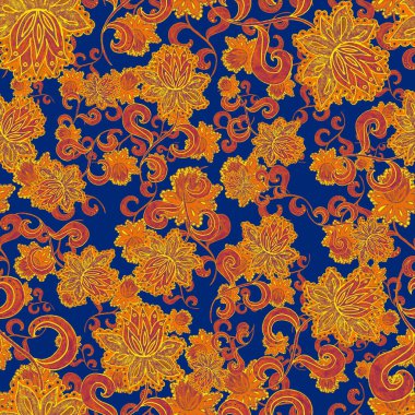 Suluboya desensiz, folky çiçekli ve yapraklı, etnik tarzda. Çiçek süsleme. Geleneksel şal deseni. Tekstil tasarım dokusu. Kabilesel etnik klasik dikişsiz model..