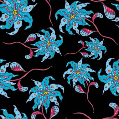 Suluboya desensiz, folky çiçekli ve yapraklı, etnik tarzda. Çiçek süsleme. Geleneksel şal deseni. Tekstil tasarım dokusu. Kabilesel etnik klasik dikişsiz model..