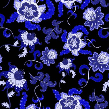 Suluboya desensiz, folky çiçekli ve yapraklı, etnik tarzda. Çiçek süsleme. Geleneksel şal deseni. Tekstil tasarım dokusu. Kabilesel etnik klasik dikişsiz model..