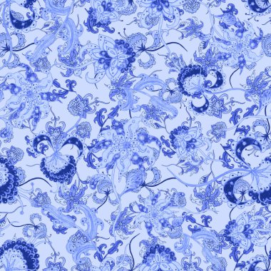 Suluboya desensiz, folky çiçekli ve yapraklı, etnik tarzda. Çiçek süsleme. Geleneksel şal deseni. Tekstil tasarım dokusu. Kabilesel etnik klasik dikişsiz model..