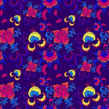 Suluboya desensiz, folky çiçekli ve yapraklı, etnik tarzda. Çiçek süsleme. Geleneksel şal deseni. Tekstil tasarım dokusu. Kabilesel etnik klasik dikişsiz model..