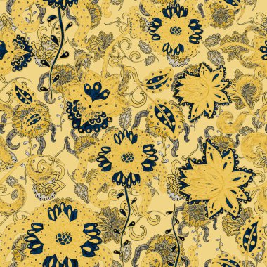 Suluboya desensiz, folky çiçekli ve yapraklı, etnik tarzda. Çiçek süsleme. Geleneksel şal deseni. Tekstil tasarım dokusu. Kabilesel etnik klasik dikişsiz model..