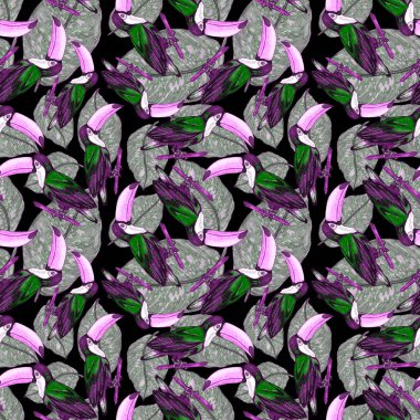 Tukanla dikişsiz suluboya desen. Tropik kuşlu ve yapraklı egzotik botanik orman duvar kağıdı. Parlak yaz şablonu geçmişi.