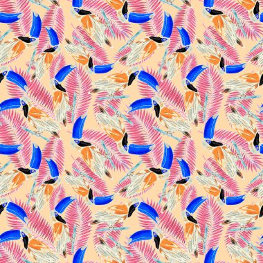 Tukanla dikişsiz suluboya desen. Tropik kuşlu ve yapraklı egzotik botanik orman duvar kağıdı. Parlak yaz şablonu geçmişi.