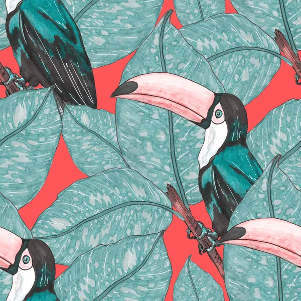 Aquarel Naadloos Patroon Met Toucan Exotische Botanische Jungle Behang Met — Stockfoto