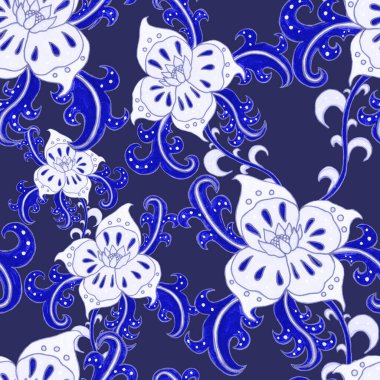 Suluboya desensiz, folky çiçekli ve yapraklı, etnik tarzda. Çiçek süsleme. Geleneksel şal deseni. Tekstil tasarım dokusu. Kabilesel etnik klasik dikişsiz model..