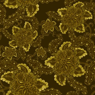 Suluboya desensiz, folky çiçekli ve yapraklı, etnik tarzda. Çiçek süsleme. Geleneksel şal deseni. Tekstil tasarım dokusu. Kabilesel etnik klasik dikişsiz model..