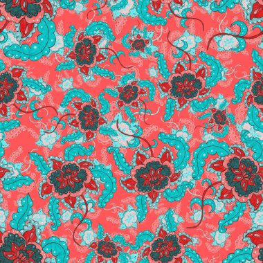 Suluboya desensiz, folky çiçekli ve yapraklı, etnik tarzda. Çiçek süsleme. Geleneksel şal deseni. Tekstil tasarım dokusu. Kabilesel etnik klasik dikişsiz model..