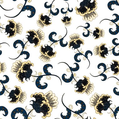 Suluboya desensiz, folky çiçekli ve yapraklı, etnik tarzda. Çiçek süsleme. Geleneksel şal deseni. Tekstil tasarım dokusu. Kabilesel etnik klasik dikişsiz model..