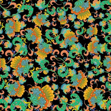 Suluboya desensiz, folky çiçekli ve yapraklı, etnik tarzda. Çiçek süsleme. Geleneksel şal deseni. Tekstil tasarım dokusu. Kabilesel etnik klasik dikişsiz model..