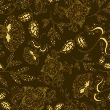 Suluboya desensiz, folky çiçekli ve yapraklı, etnik tarzda. Çiçek süsleme. Geleneksel şal deseni. Tekstil tasarım dokusu. Kabilesel etnik klasik dikişsiz model..