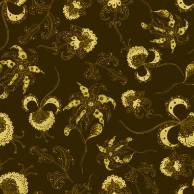 Suluboya desensiz, folky çiçekli ve yapraklı, etnik tarzda. Çiçek süsleme. Geleneksel şal deseni. Tekstil tasarım dokusu. Kabilesel etnik klasik dikişsiz model..