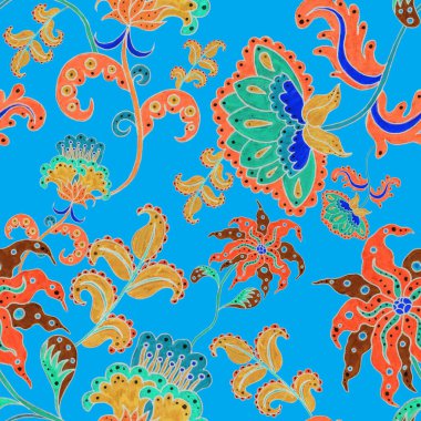 Suluboya desensiz, folky çiçekli ve yapraklı, etnik tarzda. Çiçek süsleme. Geleneksel şal deseni. Tekstil tasarım dokusu. Kabilesel etnik klasik dikişsiz model..