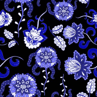 Suluboya desensiz, folky çiçekli ve yapraklı, etnik tarzda. Çiçek süsleme. Geleneksel şal deseni. Tekstil tasarım dokusu. Kabilesel etnik klasik dikişsiz model..