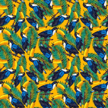 Tukanla dikişsiz suluboya desen. Tropik kuşlu ve yapraklı egzotik botanik orman duvar kağıdı. Parlak yaz şablonu geçmişi.