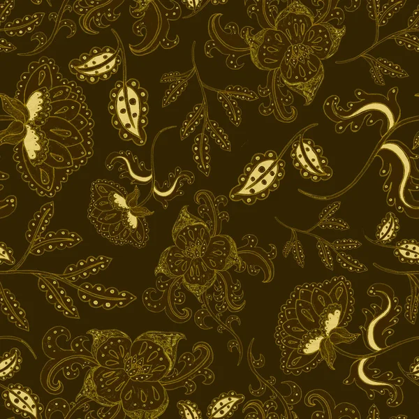 Suluboya desensiz, folky çiçekli ve yapraklı, etnik tarzda. Çiçek süsleme. Geleneksel şal deseni. Tekstil tasarım dokusu. Kabilesel etnik klasik dikişsiz model..